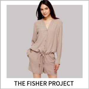 EILEEN FISHER The Fisher Project Silk Mandarin Collar Romper in Mocha Size Small